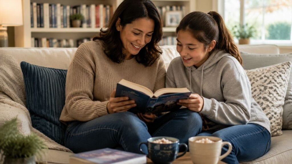 Parent and sixth grader enjoying a shared reading session