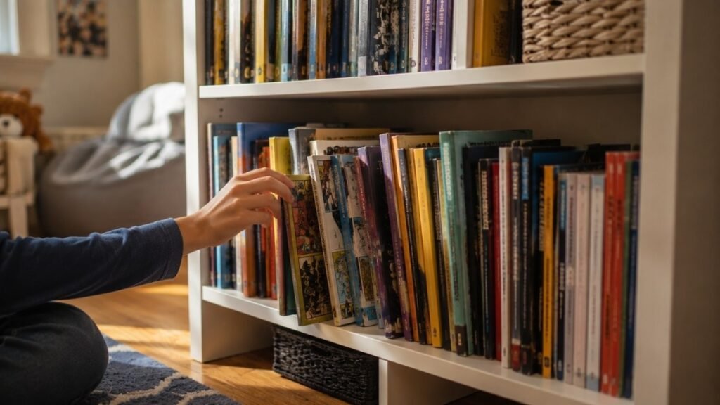 A child's bookshelf showing graphic novels and chapter books side by side with equal presence, both formats treated as legitimate reading