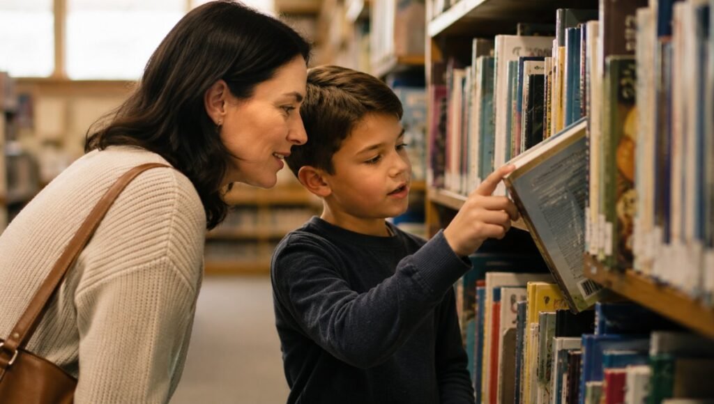 A parent and 8-year-old browsing books together at a library, the child pointing at one that interests them while the parent listens