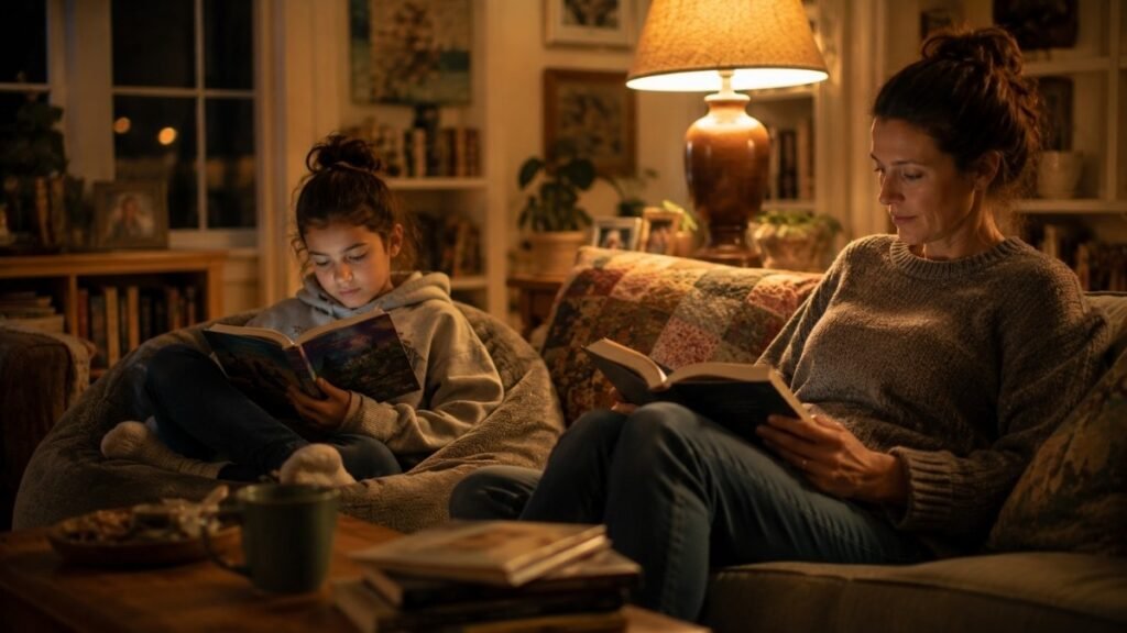 A parent and 10-year-old in relaxed parallel reading — each with their own book, sharing comfortable quiet time together
