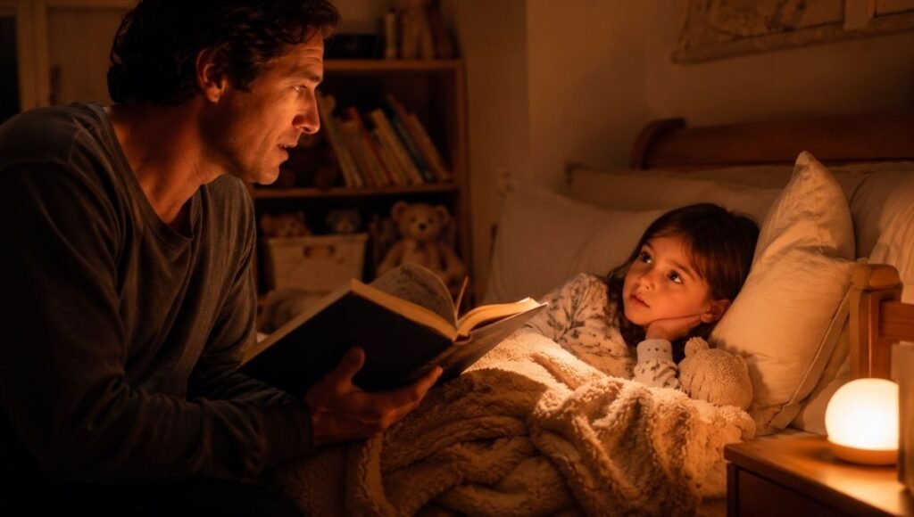 A parent reading a chapter book aloud to a 6-year-old first grader at bedtime, the child completely absorbed in the story being told