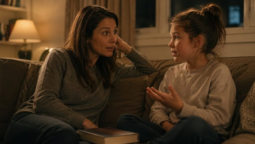 A parent and 9-year-old in genuine conversation after finishing a chapter of a read-aloud book, both engaged and thinking