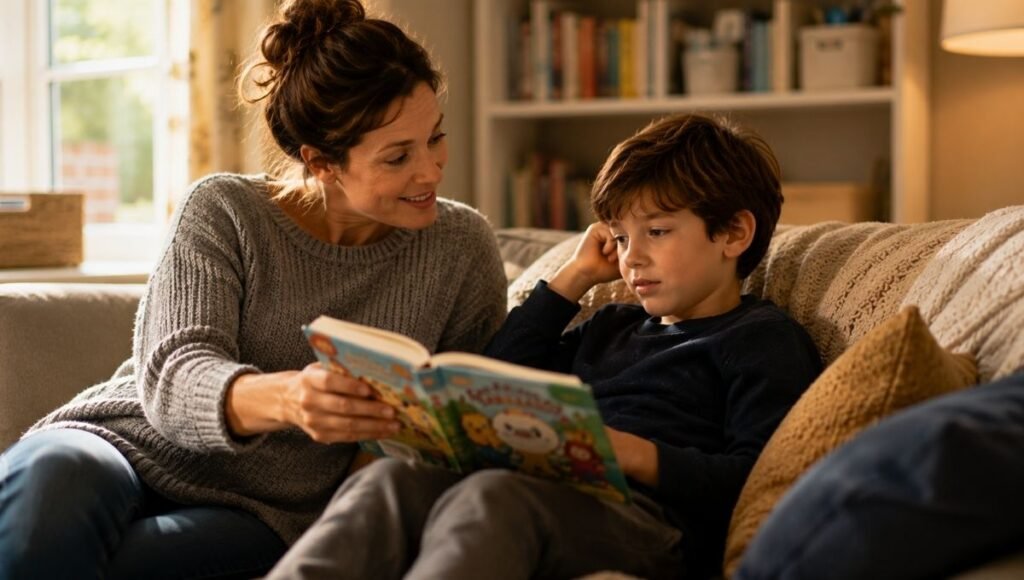 A parent sitting alongside a reluctant 7-year-old reader, patiently offering a funny book that is beginning to spark the child's interest