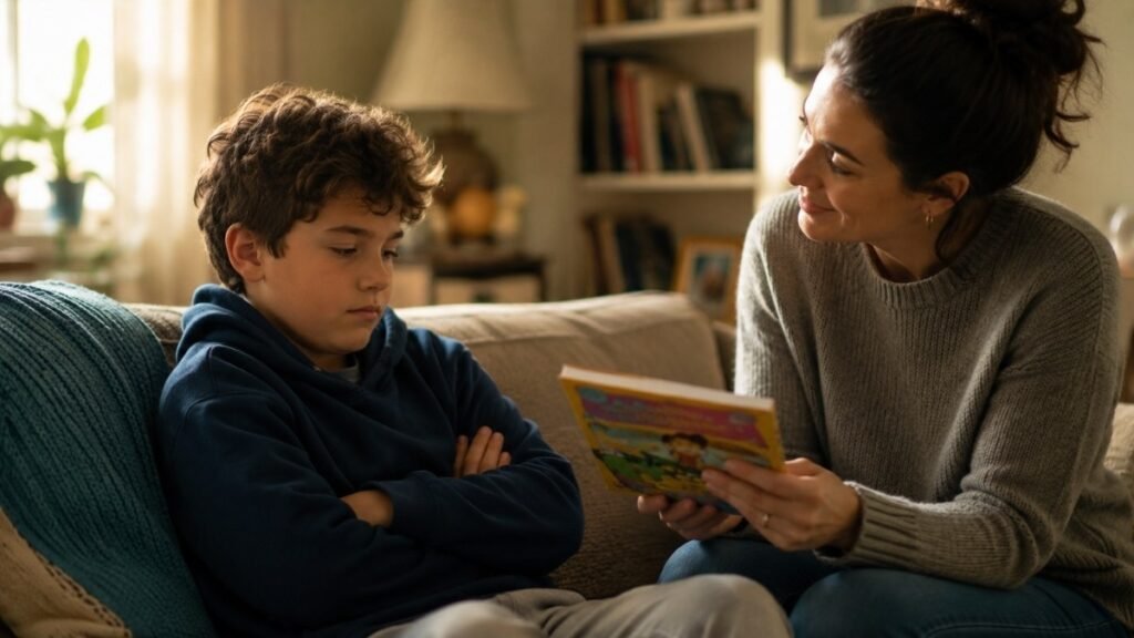 A reluctant 10-year-old reader being handed a funny-looking book by a parent, the child's expression shifting from resistance to cautious curiosity
