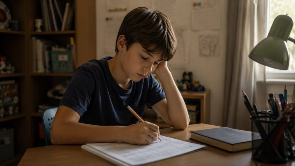 A 9-year-old child reluctantly filling out a reading log at a desk, the joy of reading replaced by the obligation of documentation