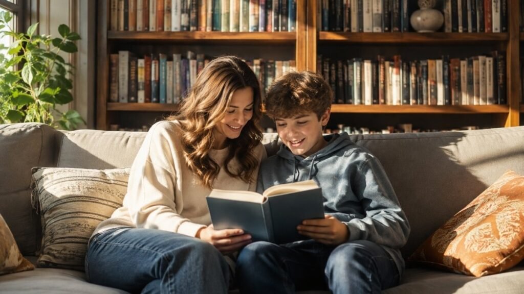 Parent reading together with a seventh grader at home
