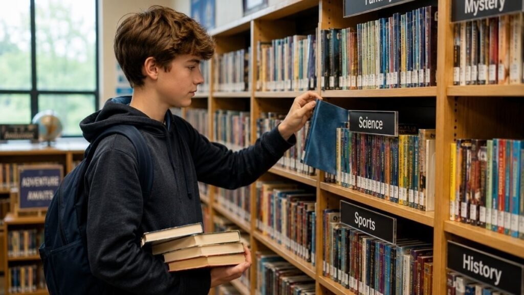 Seventh grader choosing books based on personal interests