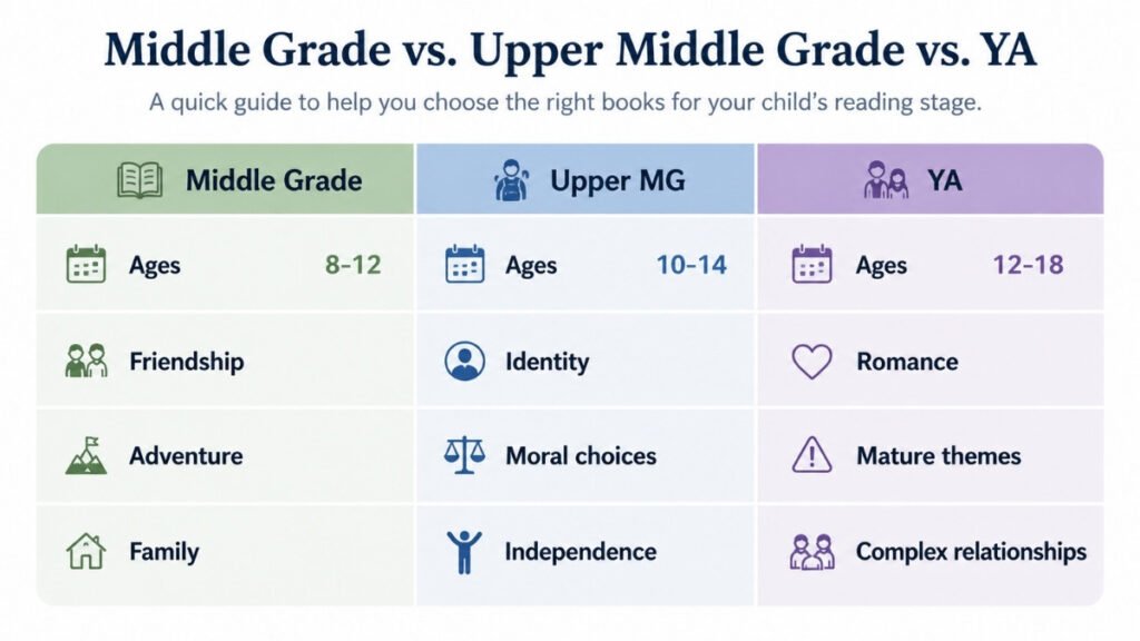 Comparison between Middle Grade Upper Middle Grade and Young Adult books